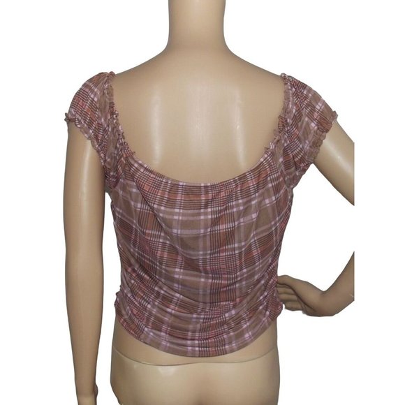 Just Polly Corset Top Jr XL Brown Pink Plaid peasant off-shoulder shirt blouse - Picture 6 of 7